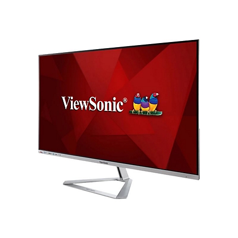 Un moniteur ViewSonic avec un fond rouge et le logo de l'entreprise. L'écran est posé sur un support argenté.