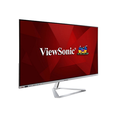 Ein silberner ViewSonic-Monitor mit rotem Bildschirm und Logo. Der Monitor steht vor weißem Hintergrund.