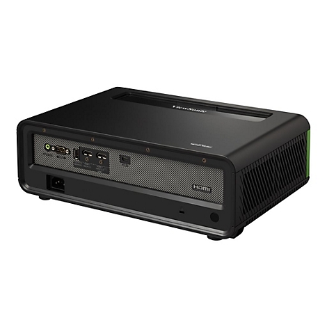 Schwarzer Projektor mit AnschlÃ¼ssen auf der RÃ¼ckseite und einem grÃ¼nen Akzent. Auf der Vorderseite steht HDMI.