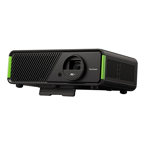 Schwarzer Projektor mit grÃ¼nen Akzenten. Auf der Vorderseite steht 4K- und Viewsonic.