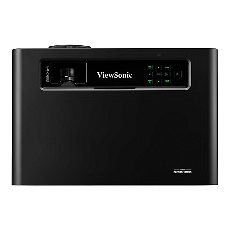 Schwarzer ViewSonic-Projektor mit Sicht auf die Bedienfelder und das Objektiv. Aufschrift ViewSonic.