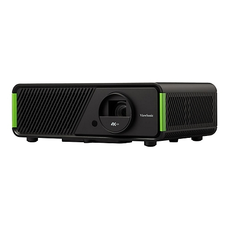 Schwarzer Projektor mit grÃ¼nen Akzenten. Auf der Linse steht 4K. Auf der Seite ist der Schriftzug Viewsonic zu sehen.