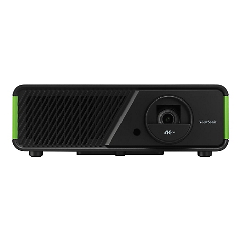Ein schwarzer ViewSonic Projektor mit grÃ¼nen Akzenten. Auf der Linse steht 4K, und der Schriftzug ViewSonic ist erkennbar.