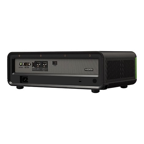 Ein schwarzer Projektor mit grünen Akzenten, Rückseite mit Anschlüssen. HDMI-Logo sichtbar.