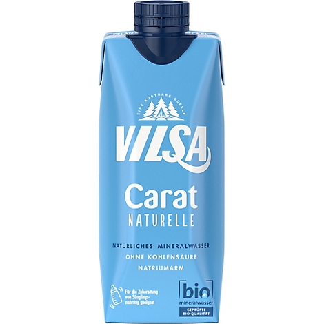 Hellblaue Vilsa Carat Naturelle Mineralwasser-Verpackung mit blauem Verschluss.