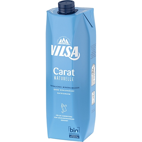 Hellblaue Vilsa Mineralwasser-Kartonpackung mit blauem Verschlussdeckel.