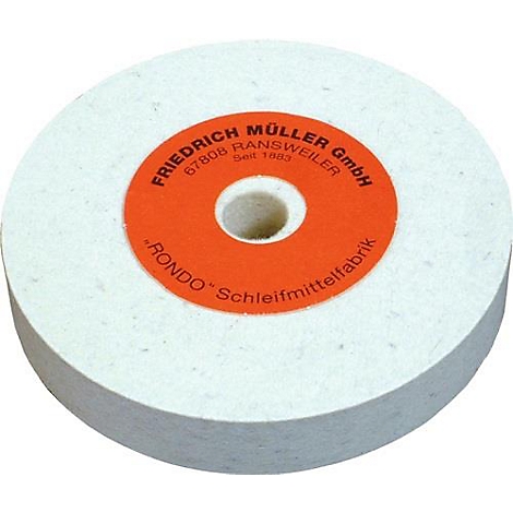 Een witte slijpschijf met een oranje middenstuk met informatie van de fabrikant.