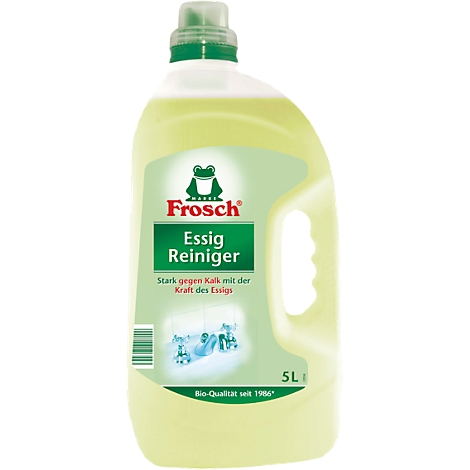 Bottle of Frosch vinegar cleaner, green-white label, Frosch logo. Inscription: Essig Reiniger, 5L. Bio-quality.