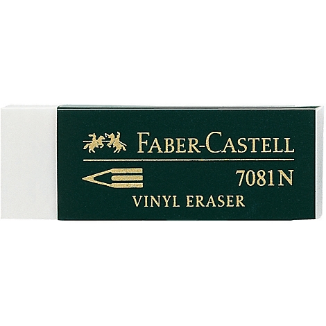 Rectangular Faber-Castell eraser with a green surface and gold lettering. Printed are logo, product name and model number.