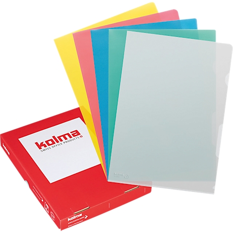Folders in various colors next to a red box. The box has the imprint "kolma SWISS OFFICE PRODUCTS".