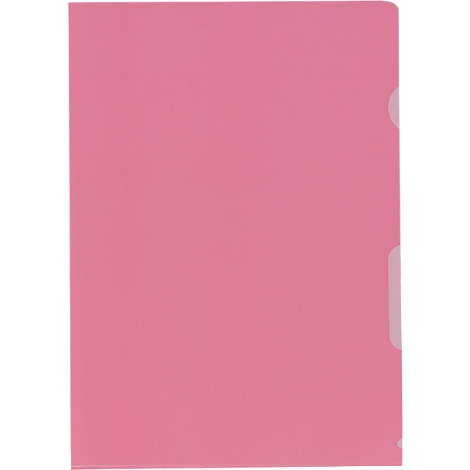 A pink document folder against a neutral background. There are transparent tabs on the right for filing.