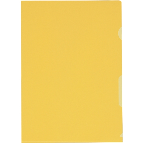 Yellow folder, front view. On the right side with transparent, crescent-shaped cutouts.