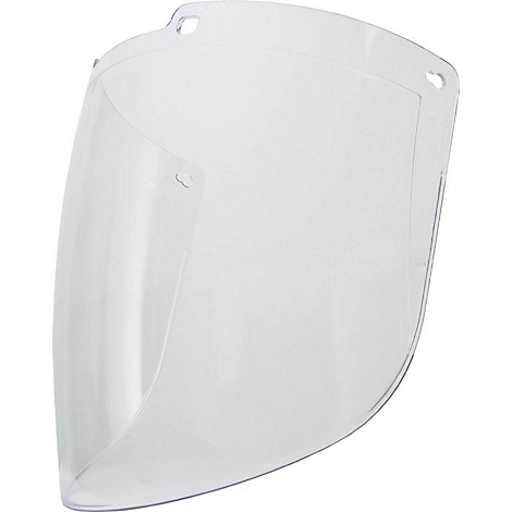 Visière de protection transparente avec des bords arrondis et deux trous en haut.