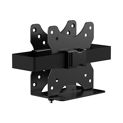 Support noir pour un composant électronique. Le support est en métal, avec des trous et une sangle avec boucle.