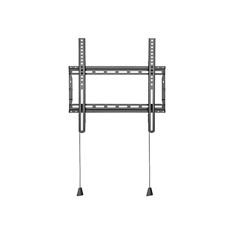 Eine schwarze TV-Halterung vor weißem Hintergrund. Zwei vertikale Stangen mit Löchern, ein rechteckiger Rahmen und zwei Schnüre mit Kegeln.