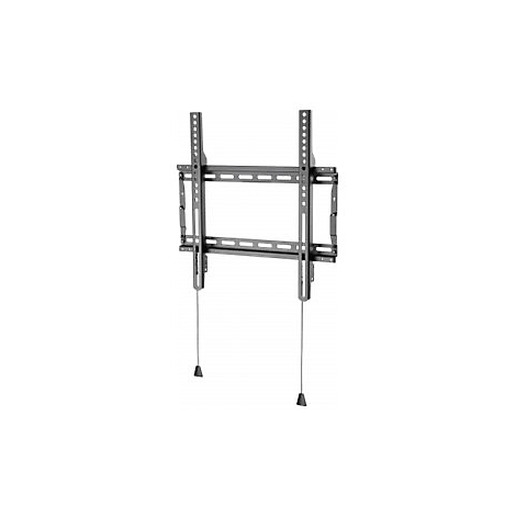 Wandhalterung für Fernseher. Dunkles Metallgestell mit Seilen und Gewichten.