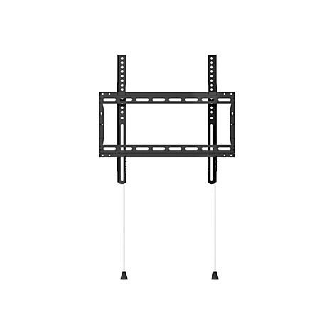 Schwarze TV-Wandhalterung, Frontansicht, auf weißem Hintergrund. Mit Löchern und Aussparungen zum Aufhängen.