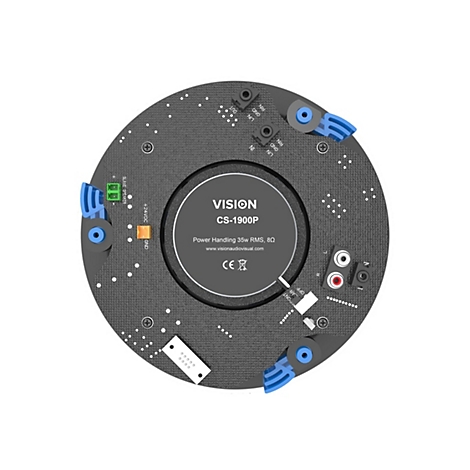 RÃ¼ckansicht eines schwarzen Vision CS-1900P Lautsprechers. Aufgedruckter Text: VISION CS-1900P, Power Handling 30w RMS. 8Î©, CE-Zeichen.