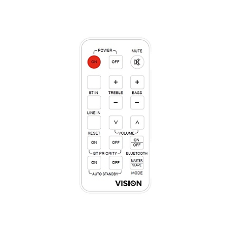 WeiÃŸes Bedienfeld mit Tasten fÃ¼r Lautsprecherfunktionen wie Power, LautstÃ¤rke, Bluetooth und Stummschaltung, mit roter Ein-Taste.