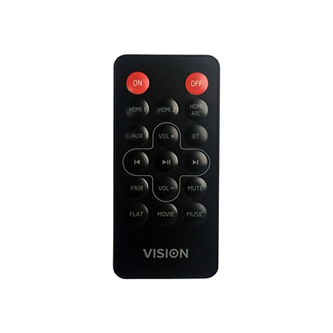 Schwarze Fernbedienung, rote Ein-/Aus-Tasten, viele Knöpfe mit Funktionen wie HDMI, Lautstärke, Musik. Aufschrift: VISION.