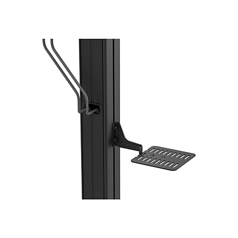 Detailaufnahme einer schwarzen Säule mit einer kleinen Ablage. Oben befinden sich zwei gebogene Halterungen.