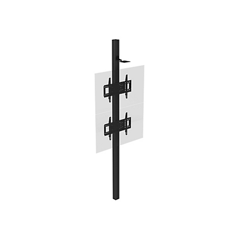 Schwarze TV-Halterung mit zwei Halterungen für Bildschirme, freistehend auf weißem Hintergrund.