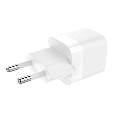 Weißes Netzteil mit zwei silbernen Kontakten.