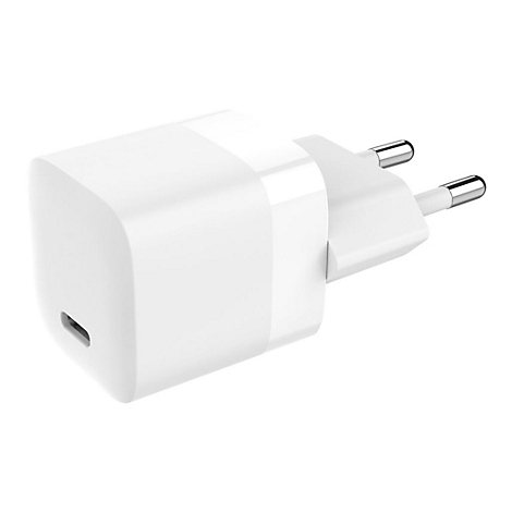 Weißes Ladegerät mit USB-C-Anschluss und zwei Steckern.