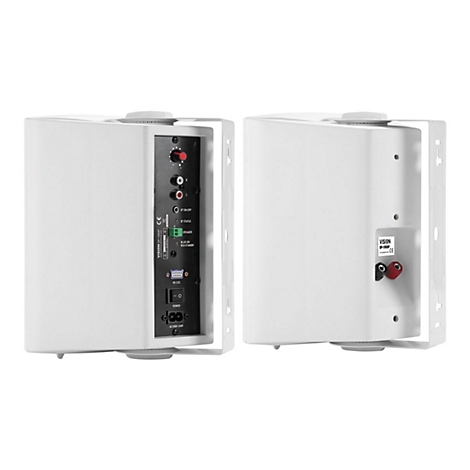 Zwei weiße Lautsprecher mit Bedienelementen, Anschlüssen und Halterungen. Text: VISION SP-1900P.