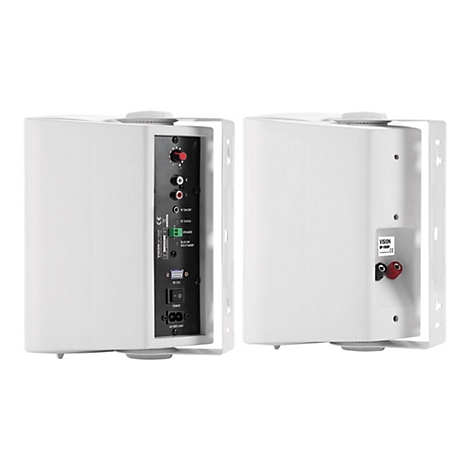 Zwei weiße Lautsprecher mit Anschlüssen, Bedienelementen und Halterungen. Auf einem ist das Vision Logo zu sehen.