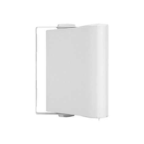 Weißer Lautsprecher mit Halterung, isoliert auf weißem Hintergrund. Der Lautsprecher ist rechteckig mit abgerundeten Ecken.