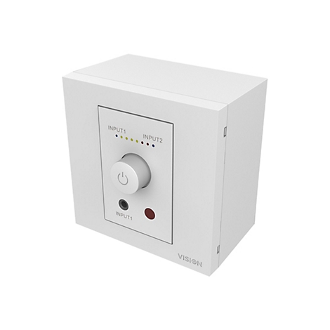 Weißes Wandbedienfeld mit Drehknopf, Power-Symbol, Anschlüssen und LED-Statusanzeige.