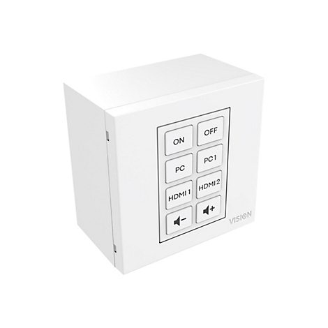 Weißes Bedienfeld mit Tasten: ON, OFF, PC, PC1, HDMI1, HDMI2, Lautstärke, und Vision-Logo.
