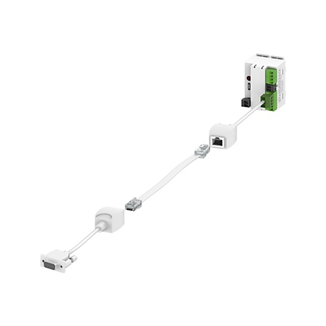 Ein weißes technisches Gerät mit Kabeln und Anschlüssen, die miteinander verbunden sind. Im Bild befinden sich verschiedene Kabel und Anschlüsse, darunter ein VGA-Anschluss, RJ45-Anschlüsse und eine Gerätebox mit grünen Klemmen.