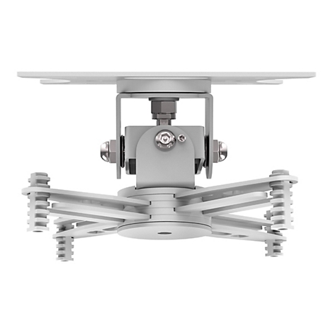 Detailaufnahme einer Deckenhalterung. Silberfarbene Konstruktion, die aus mehreren Metallplatten und Schrauben besteht.