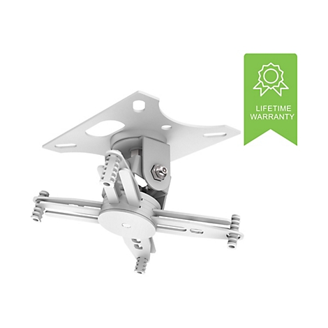 Ein weißer Deckenhalter für einen Projektor. Neben dem Halter befindet sich ein grünes Schild mit dem Text 'LEBENSLANGE GARANTIE'.