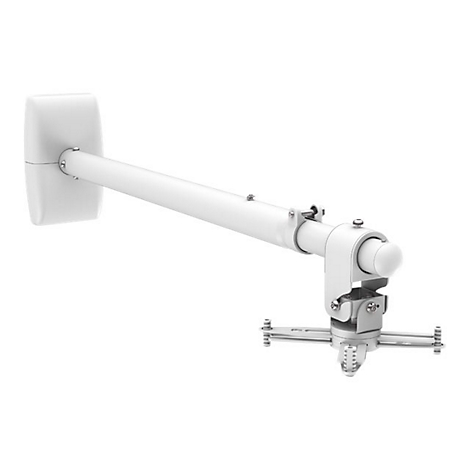 Weißer Projektorhalter, an der Wand montiert. Der Halter hat einen Arm, der mit Schrauben fixiert ist. Am Ende der Halterung ist eine Projektorhalterung.