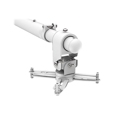 Nahaufnahme einer weißen Deckenhalterung für einen Projektor. Sie besteht aus mehreren Gelenken und Halterungen.