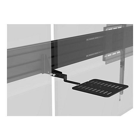 Schwarzer Konsolen-Aufsatz mit Ablage, Halterung und Schrauben. Montage an einer transparenten Halterung vor hellem Hintergrund.