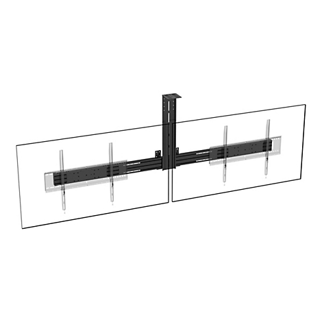 Schwarz lackierte Deckenhalterung für zwei Bildschirme, freigestellt vor weißem Hintergrund.