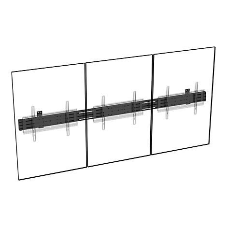 Schwarze TV-Halterung für drei Monitore auf weißem Hintergrund. Die Halterung ist horizontal ausgerichtet und an der Rückseite dreier horizontal geteilter Tafeln angebracht.