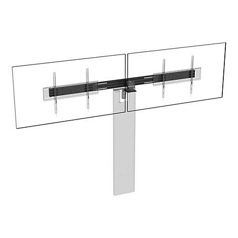 Ein Doppel-TV-Halter, bestehend aus schwarzer Halterung, Metallarmen, die an zwei flachen Bildschirmen befestigt sind, und einem grauen Standfuß.