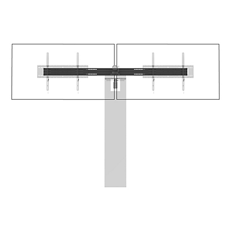Eine Draufsicht auf eine Doppel-TV-Halterung, die an einer grauen Säule befestigt ist. Die Halterung zeigt Elemente zum Anbringen an Fernsehern.