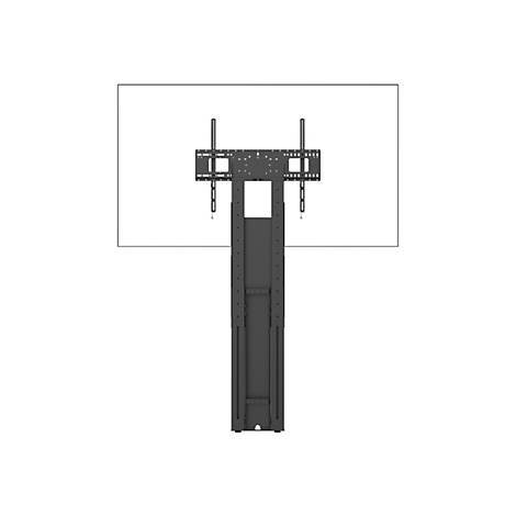 Draufsicht auf eine Halterung für einen Flachbildschirm, der mit der Wand verbunden ist. Sie ist schwarz und besteht aus Metall.