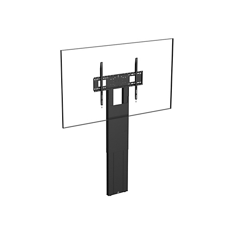 Ein schwarzer TV-Ständer mit integrierter Halterung für einen Bildschirm auf weißem Hintergrund.