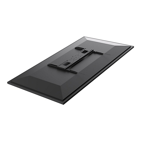 Schwarze, rechteckige Wandhalterung fÃ¼r einen Fernseher. Auf der RÃ¼ckseite ist eine Halterung fÃ¼r die Montage erkennbar.