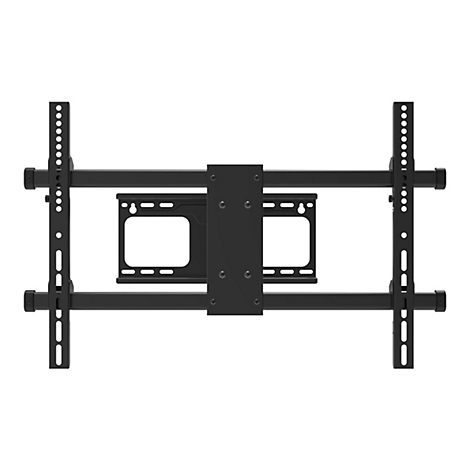 Schwarze TV-Wandhalterung, Frontansicht, vor weißem Hintergrund. Die Halterung hat vertikale und horizontale Elemente.