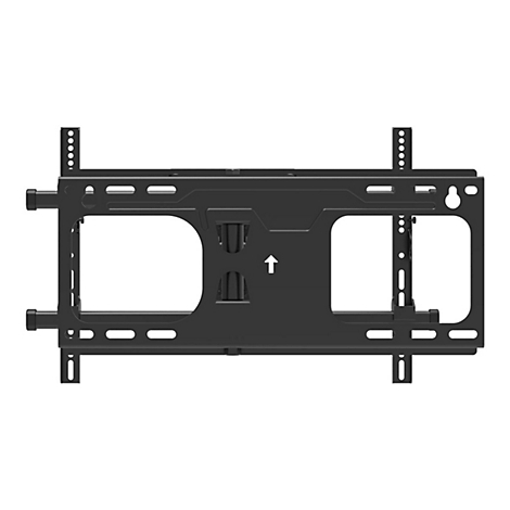 Schwarze TV-Wandhalterung, Metall, mit Halterungen, Löchern und Pfeil nach oben.