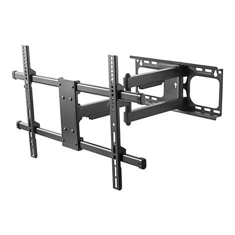 Schwarze TV-Wandhalterung, drehbar. Sie besteht aus mehreren Metallstangen, die aneinander befestigt sind. Der Hintergrund ist weiß.