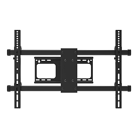 Schwarze TV-Halterung auf weiÃŸem Hintergrund. Horizontale und vertikale Streben mit SchraubenlÃ¶chern.